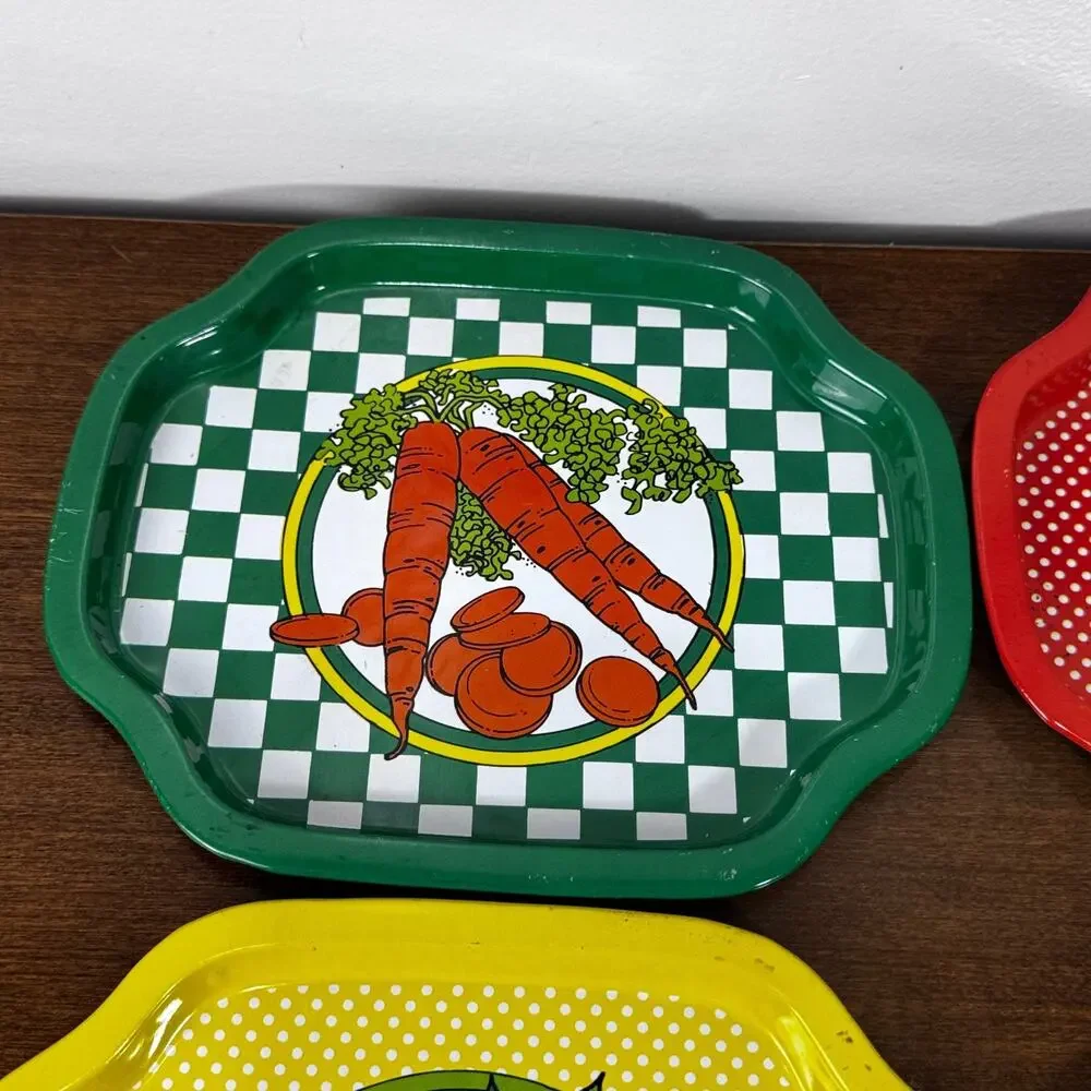 Vintage Giftco Small Rectangular Tin Trays Lot of 4 Fruits & Vegetables Retro